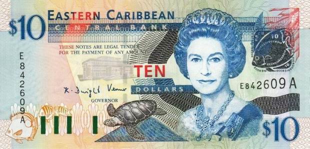 Купюра номиналом 10 восточнокарибских долларов, лицевая сторона